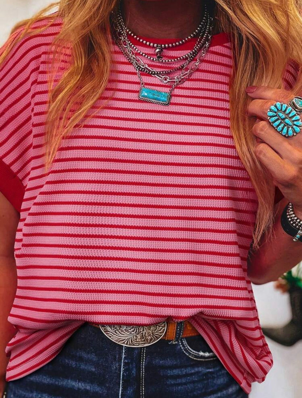 Short Sleeve Knit Casual Round Neck T-Shirt, Summer Pink