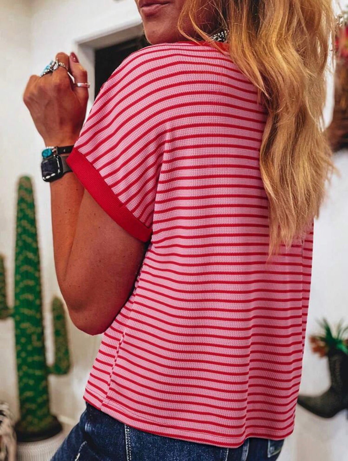 Short Sleeve Knit Casual Round Neck T-Shirt, Summer Pink