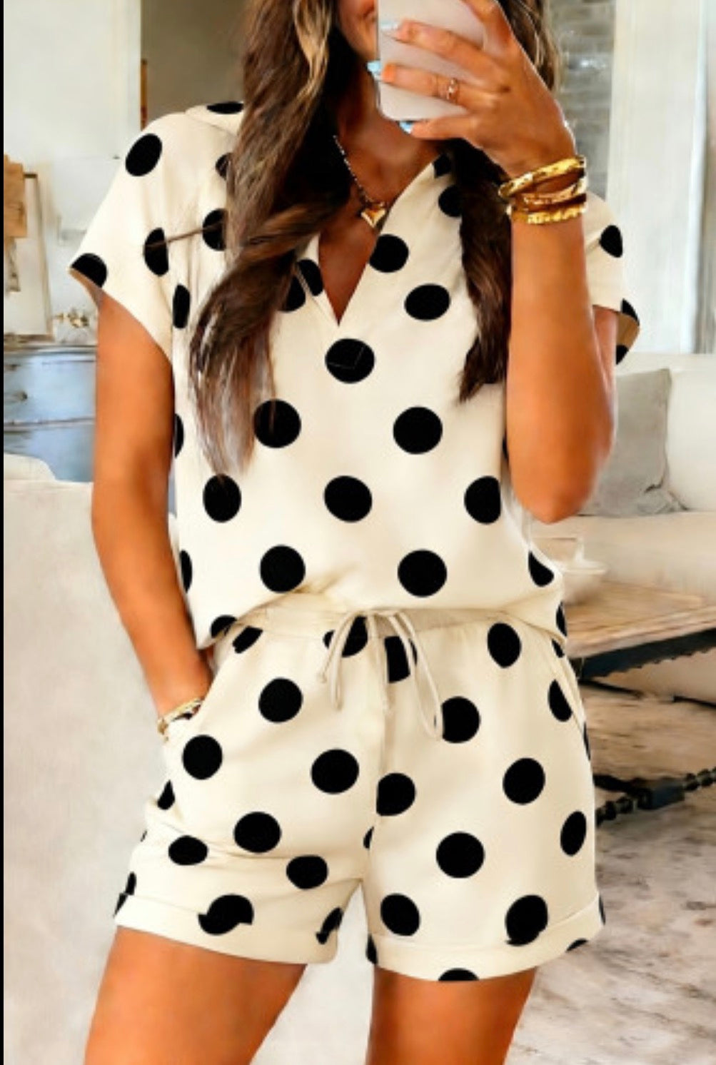 Beige Polka Dot Print V Neck Tee Short Set